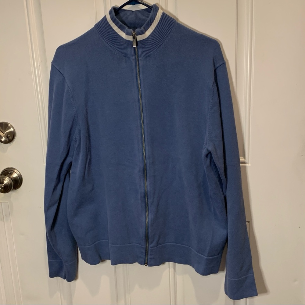 Michael Kors Men Zip Up Knit Blue Long Sleeve Sweater White Stripe Ribbed Collar